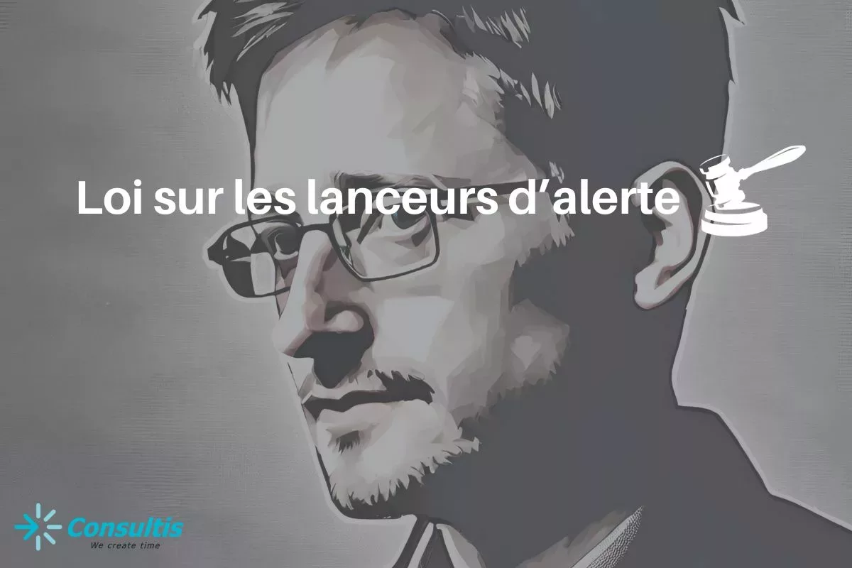 visuel mettant en avant le texte 'Directive Européenne sur les Lanceurs d'Alerte : Transposition dans les Pouvoirs Locaux Wallons', avec une représentation artistique d'Edward Snowden en arrière-plan