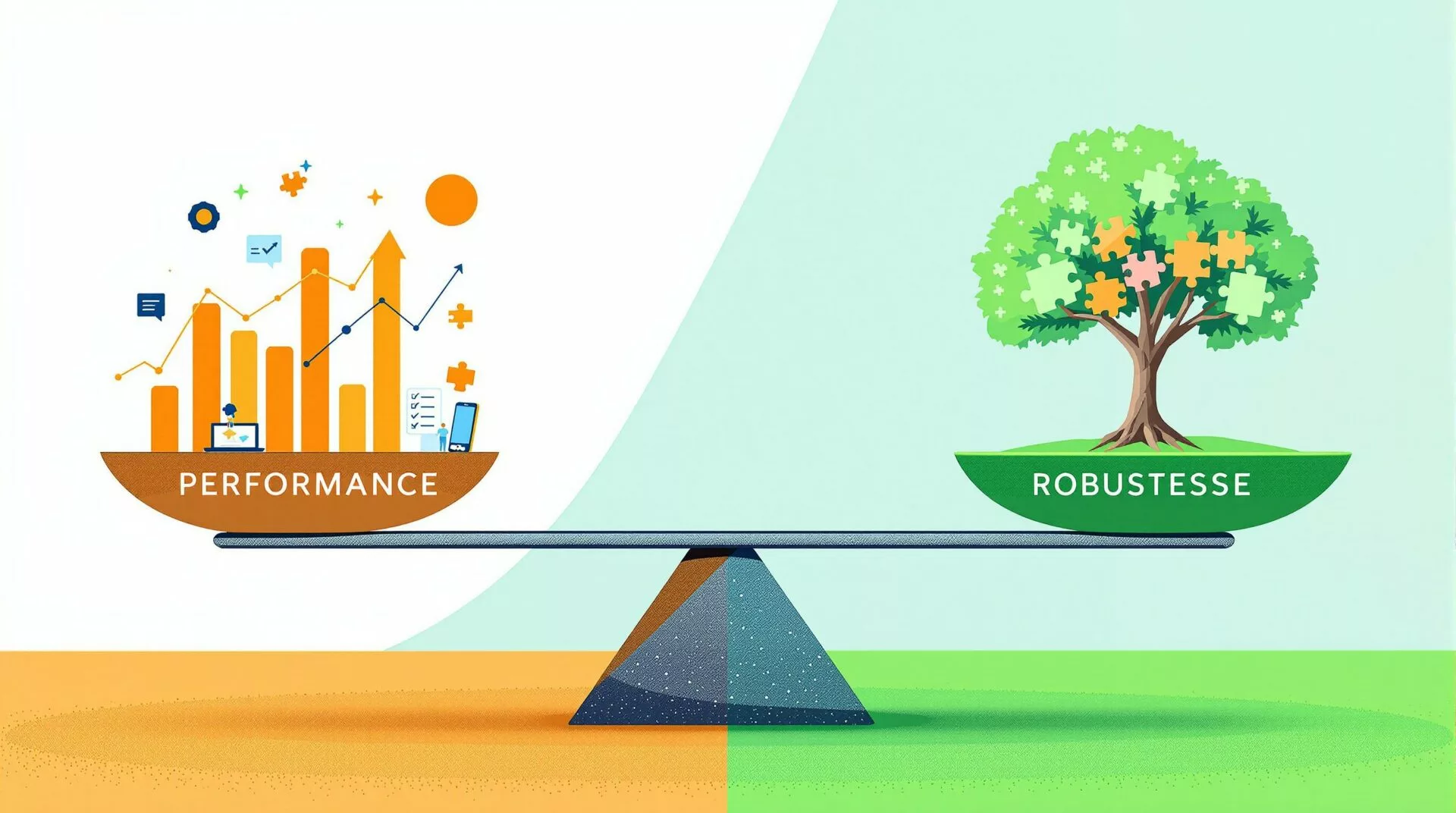 Description : Une balance où un côté est marqué "Performance" (avec des éléments comme des graphiques de croissance ou des outils de productivité) et l'autre "Robustesse" (avec des éléments comme un arbre enraciné ou des pièces de puzzle symbolisant la résilience et l'adaptabilité). Style : Illustration conceptuelle, avec des couleurs contrastées (par exemple, orange pour la performance et vert pour la robustesse) pour souligner l'équilibre à trouver. Message : Refléter le débat central de l'article sur la nécessité d'équilibrer performance et robustesse dans les organisations.